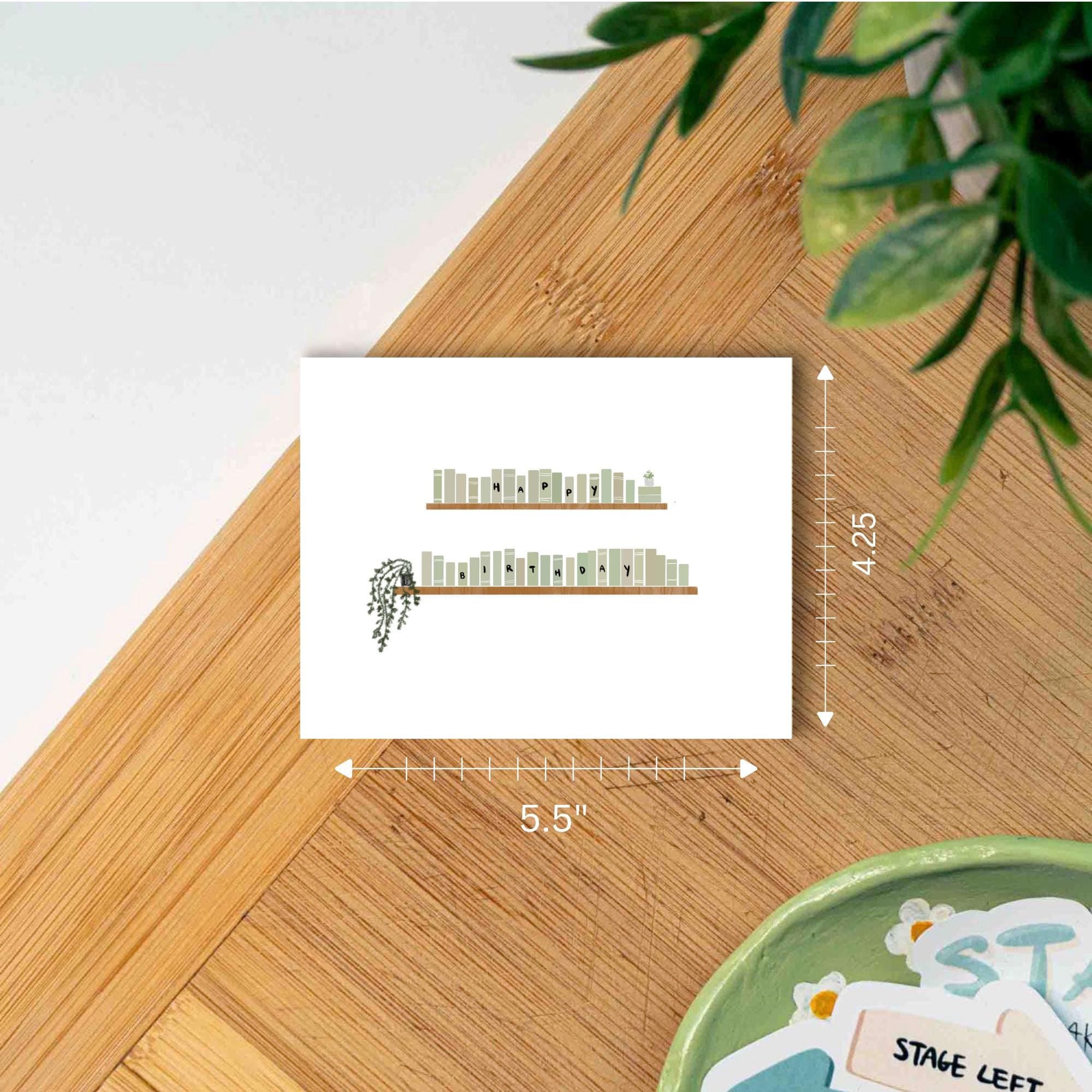 Book Lover Birthday Card: Green Bookshelf Bookish Card for Readers & Plant Lovers thumbnail 2