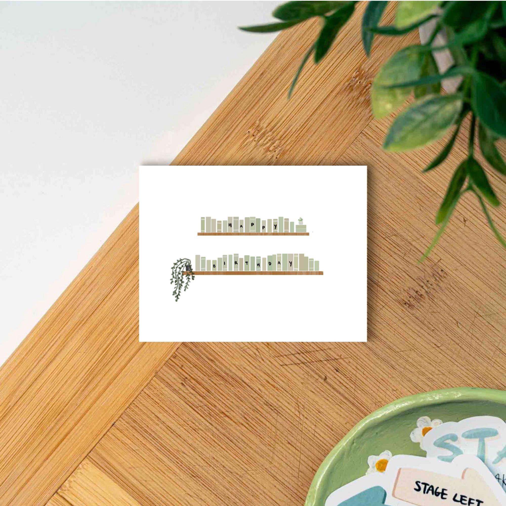 Book Lover Birthday Card: Green Bookshelf Bookish Card for Readers & Plant Lovers